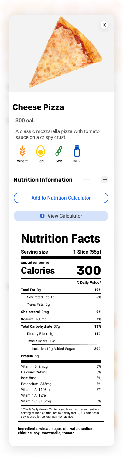 Metro District Essentials Menu Item Modal popup Mobile view