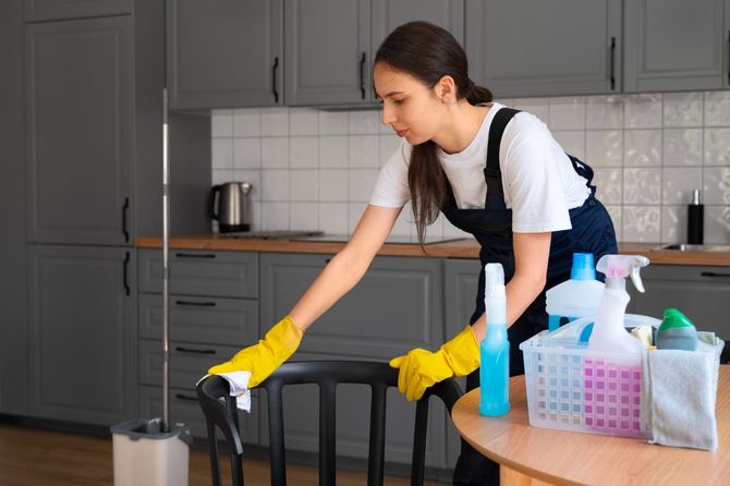 A woman is cleaning a chair in a kitchen.