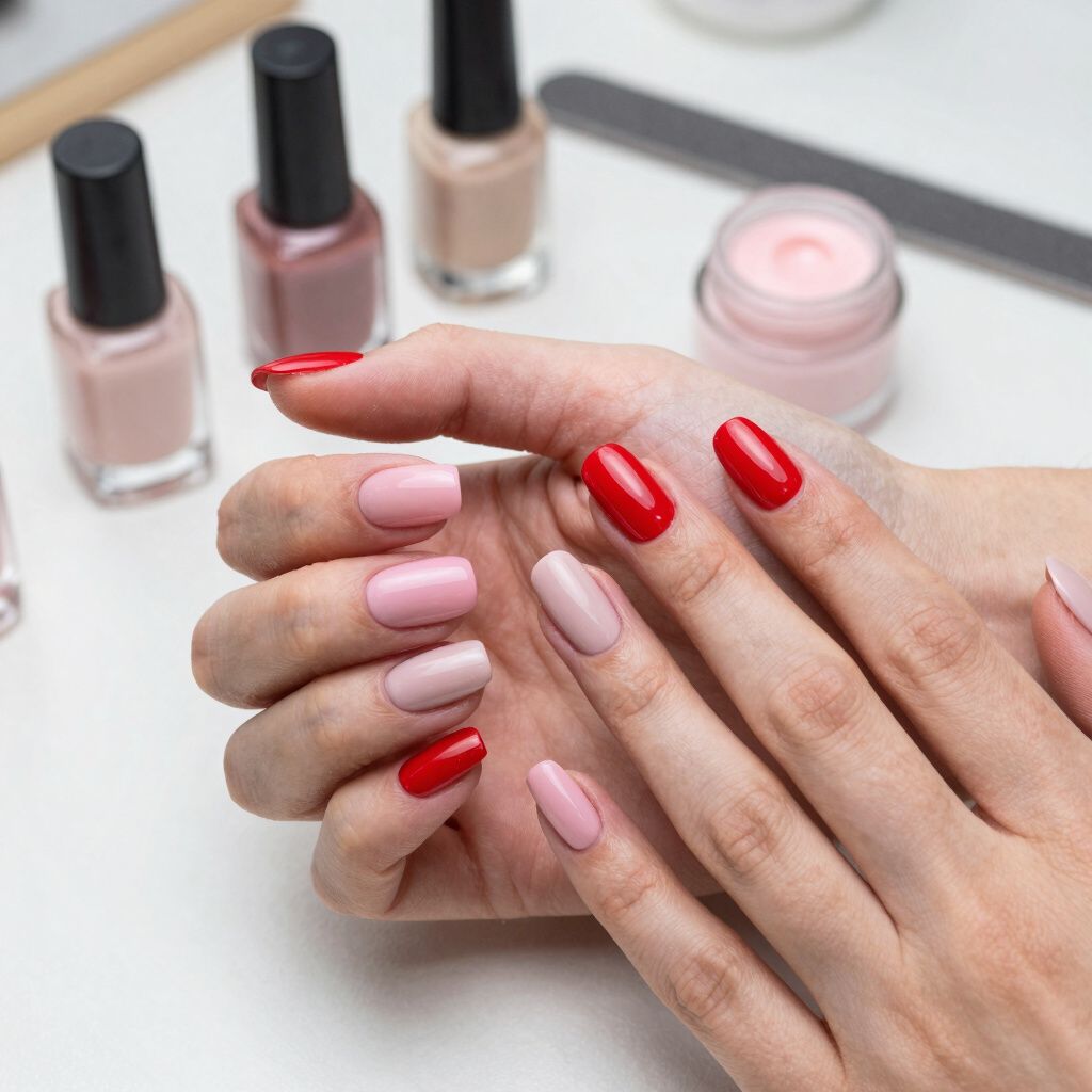 Handen met gelakte nagels in verschillende roze en rode tinten, flesjes nagellak en nagelverzorgingsproducten.