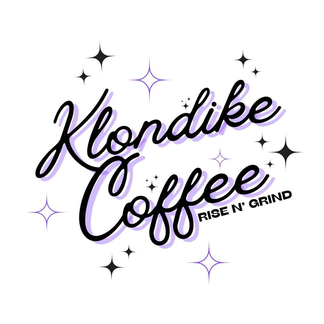 Klondike Coffee logo with script lettering and starburst design.