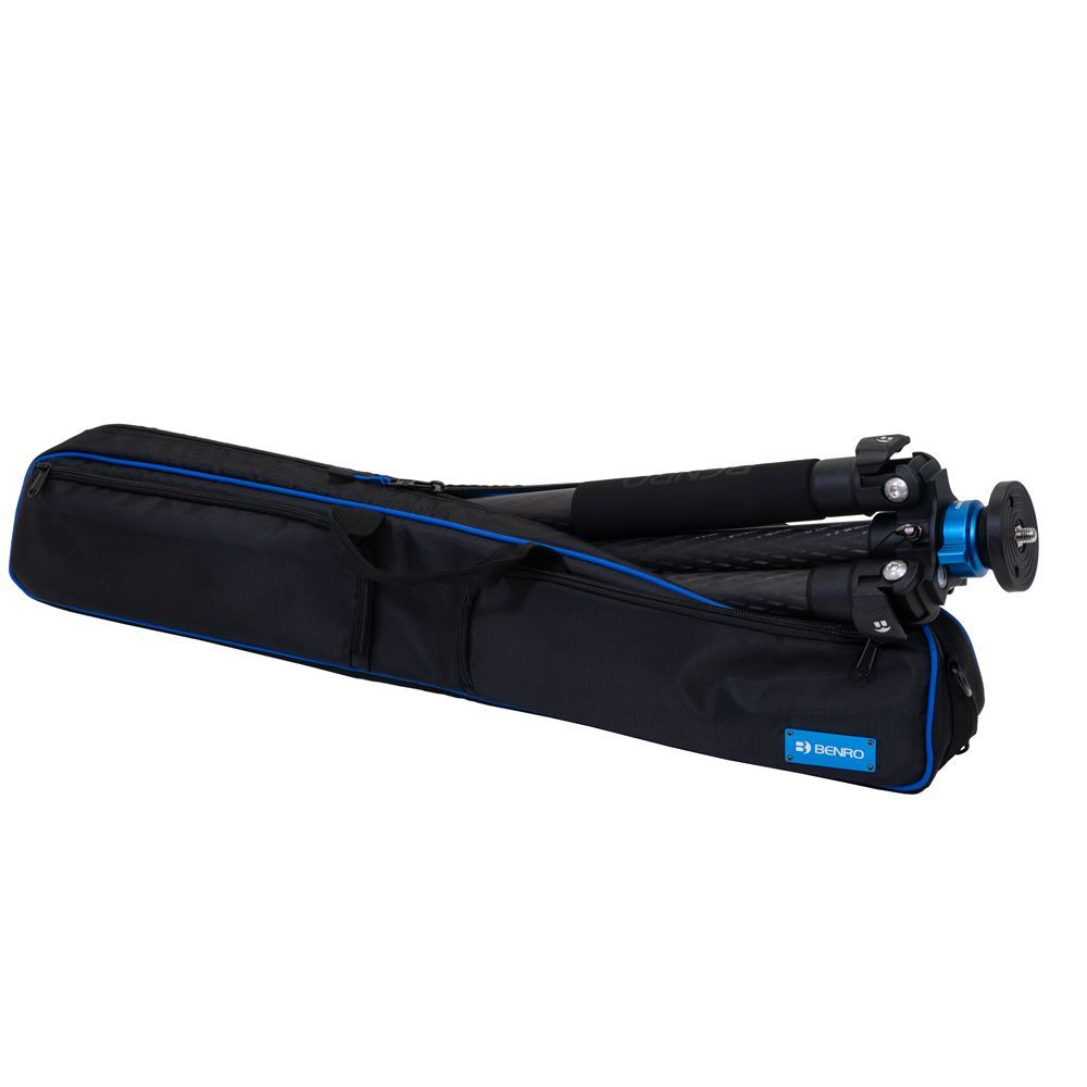 A black tripod with a blue ring that says benro on it