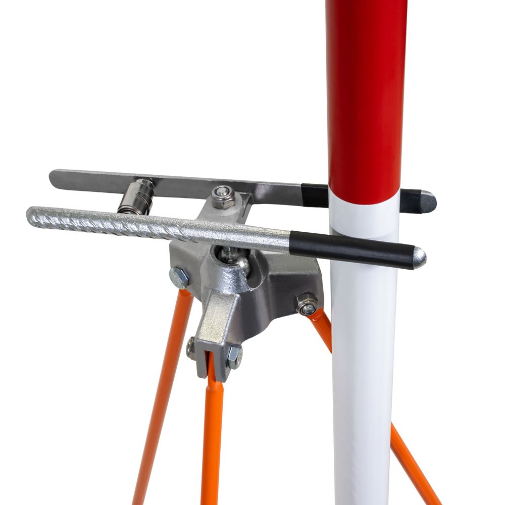 Three tripods with red and white handles on a white background