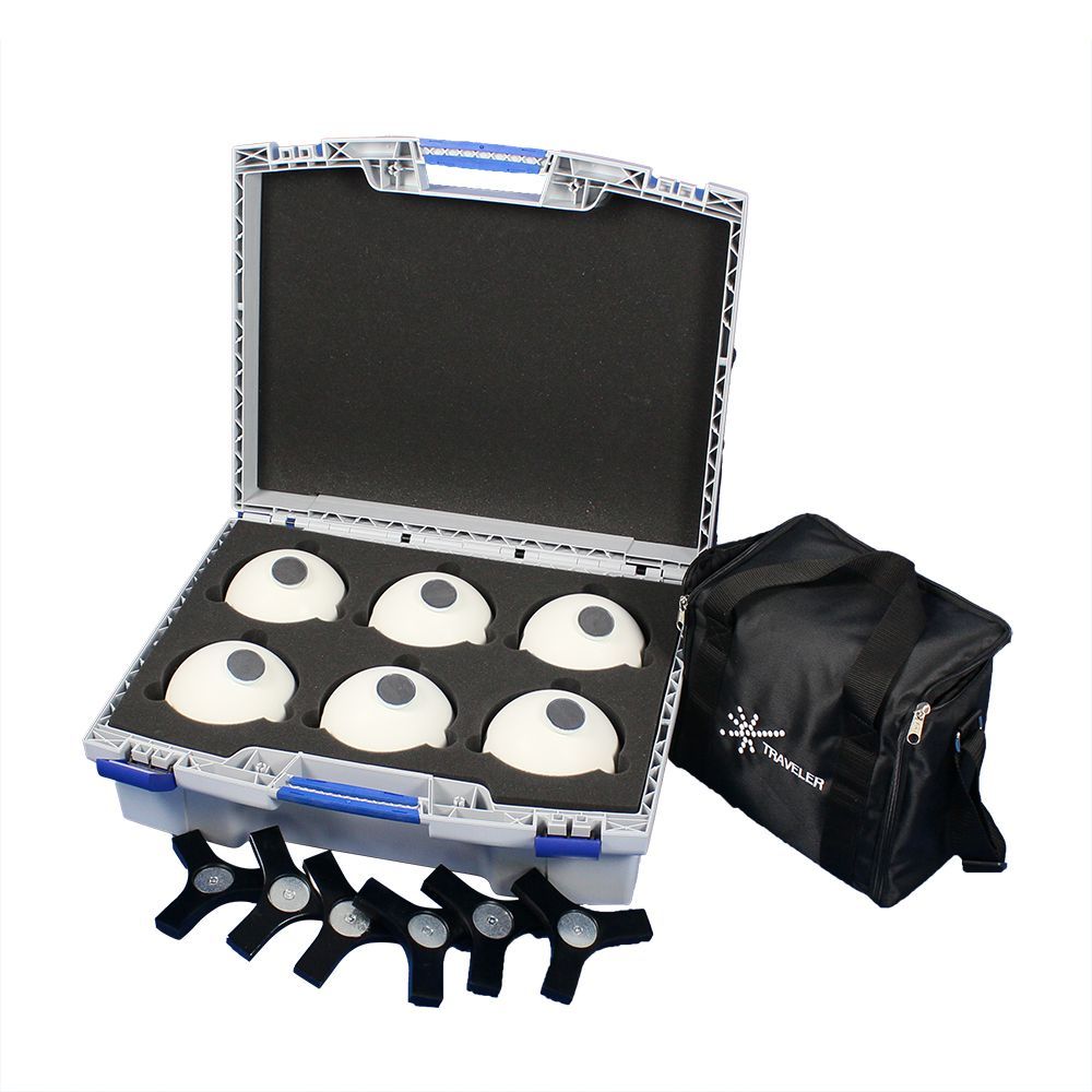 A case filled with white balls and a black bag