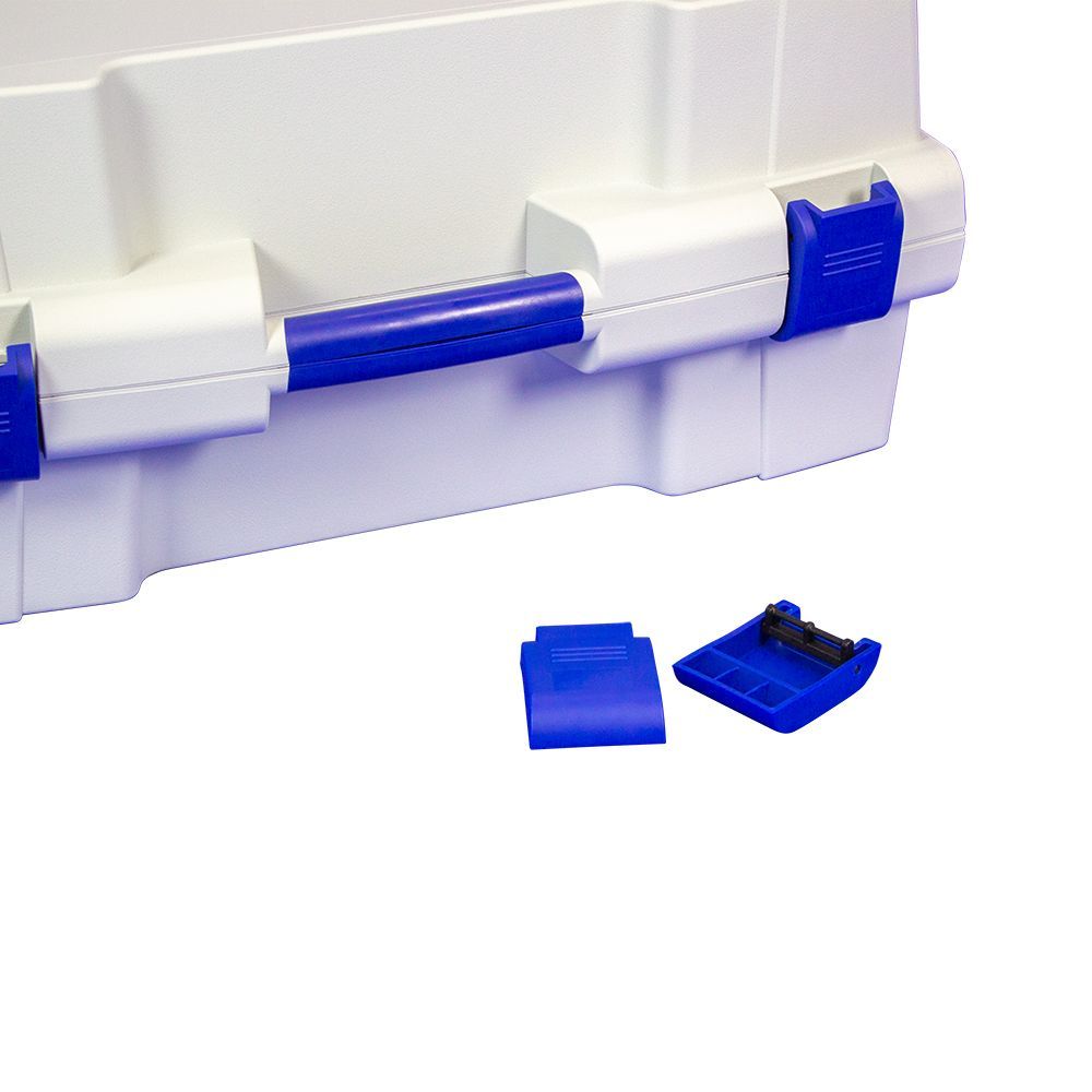 A white box with blue handles and a blue lid