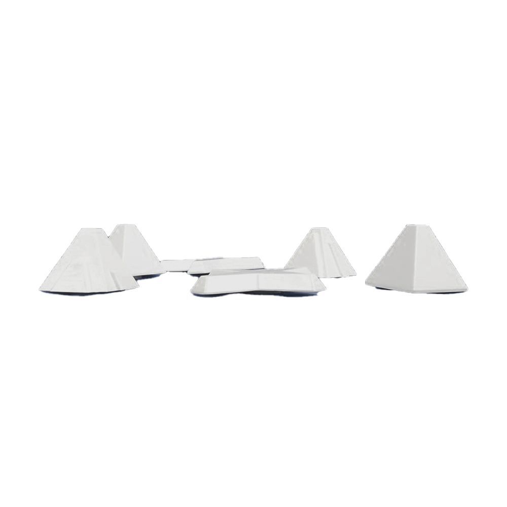 A set of white pyramids and stars on a white background.