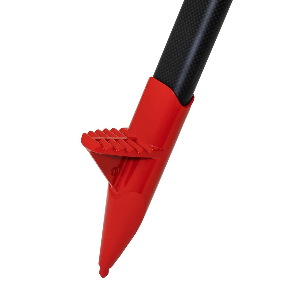 A close up of a red and black tripod on a white background