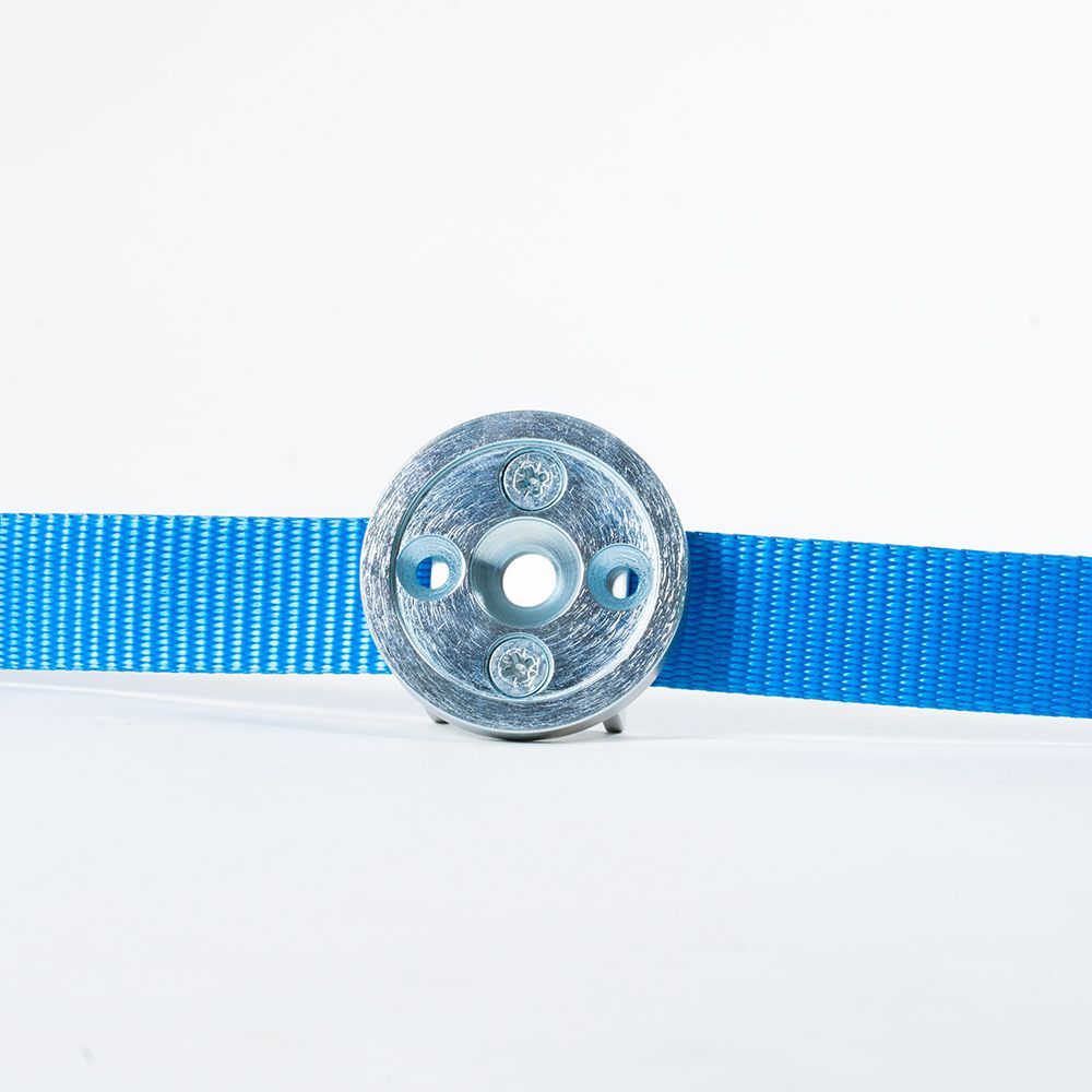 A blue belt with a metal buckle on a white background