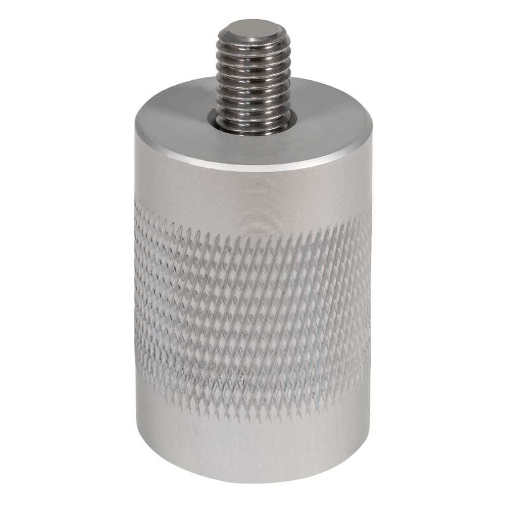 A white ball on a tripod in front of a blue container