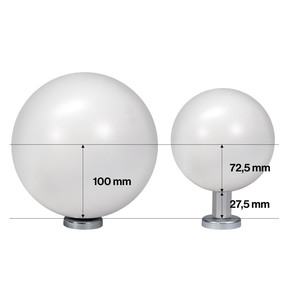 A white ball with measurements of 100 mm and 72.5 mm