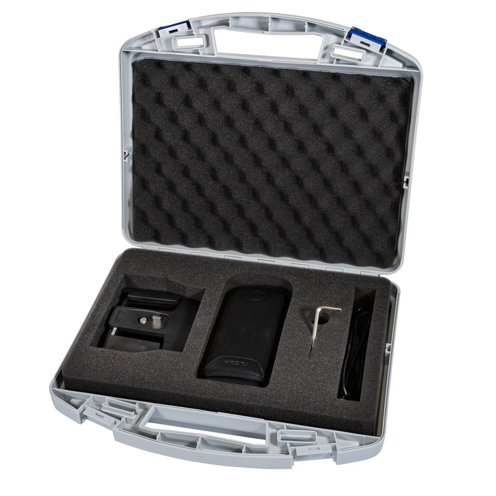 A black case with the word focus on it is sitting next to a white case and a black case.