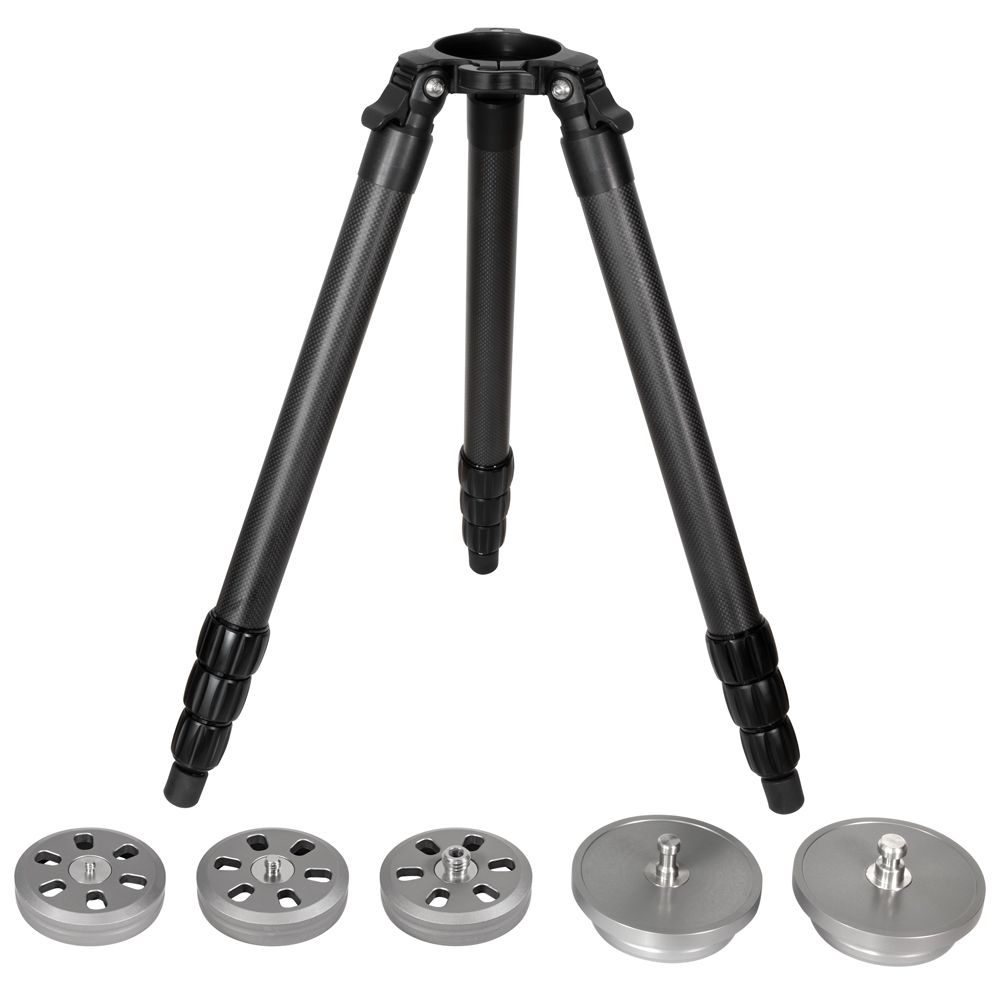 A tripod with four plates attached to it on a white background.