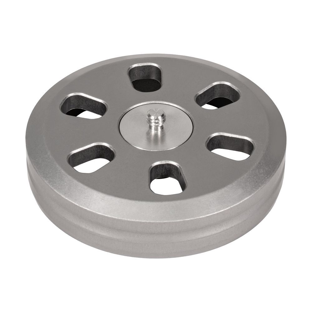 A metal wheel with holes in it on a white background