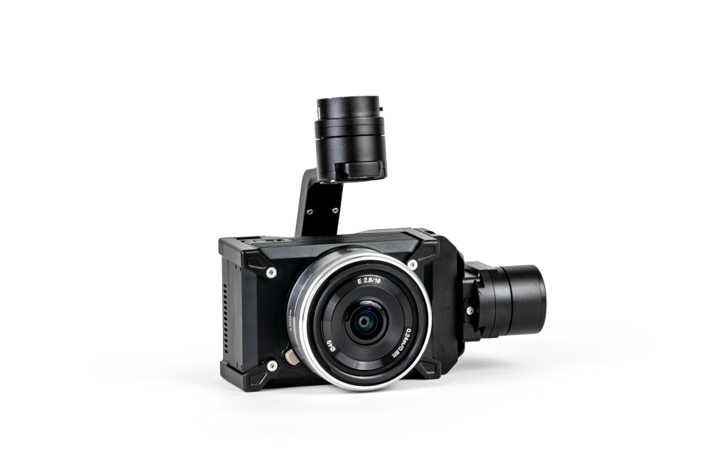 A camera with a gimbal attached to it on a white background.