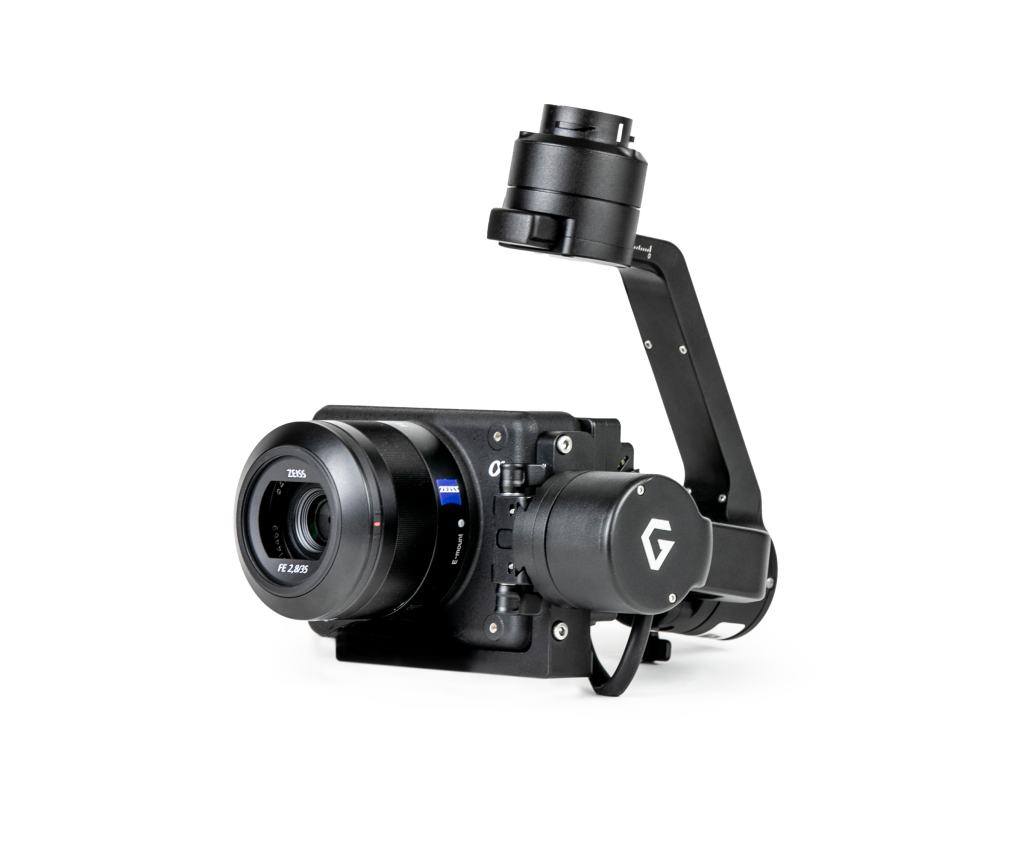 A camera with a gimbal attached to it on a white background.