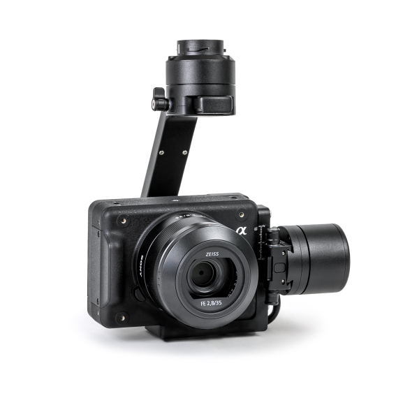 A black camera with a gimbal attached to it on a white background.