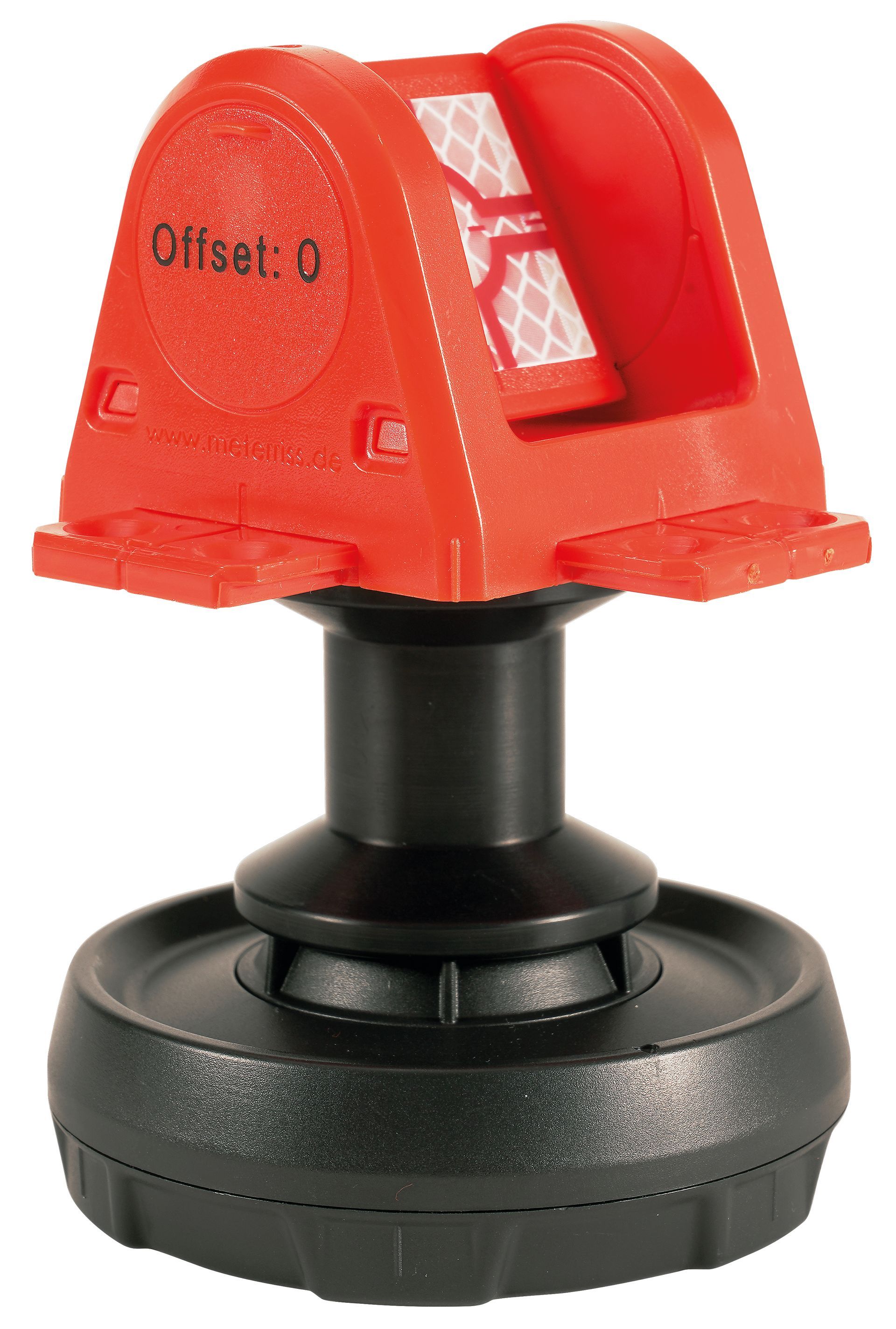 A red and black object with a black base on a white background