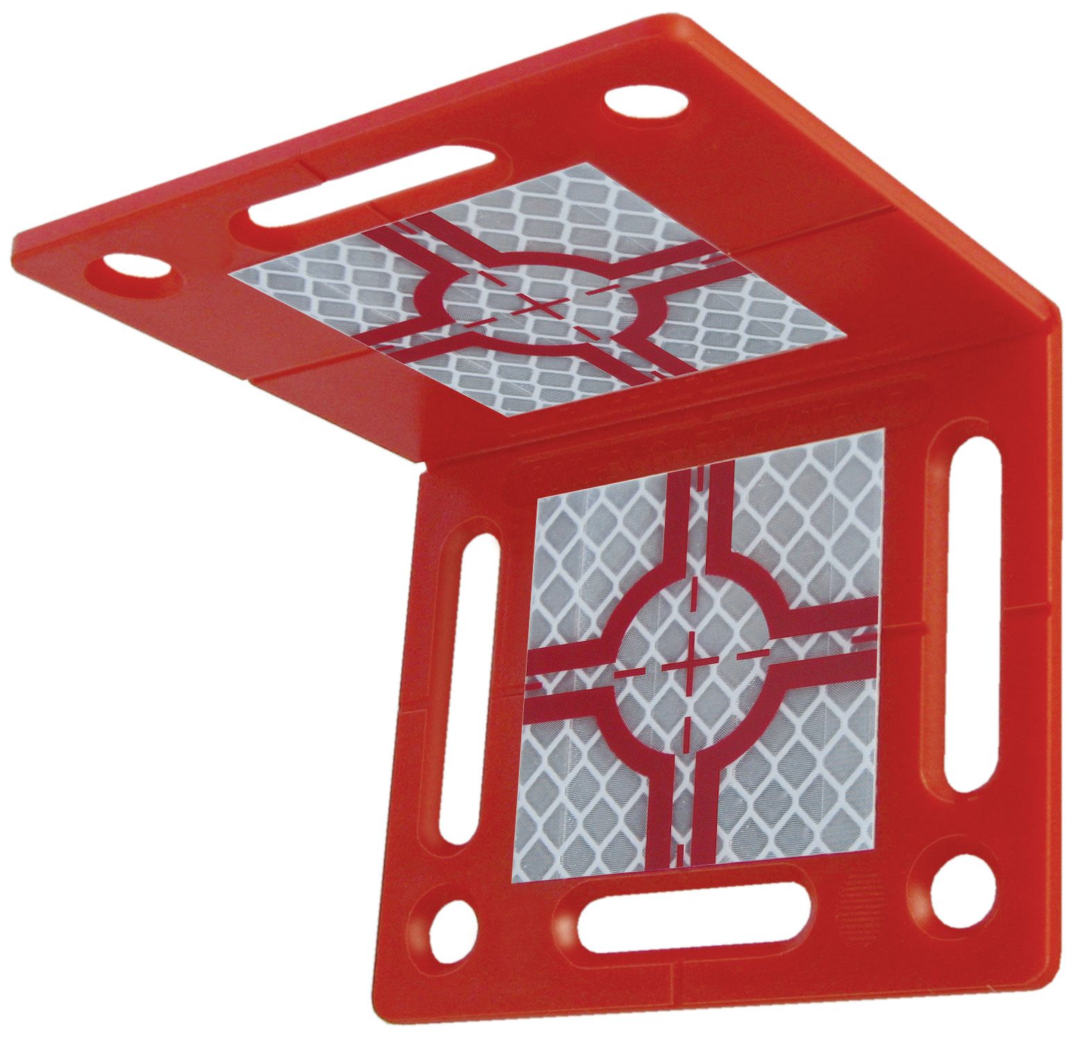 A red corner bracket with a reflective square on it