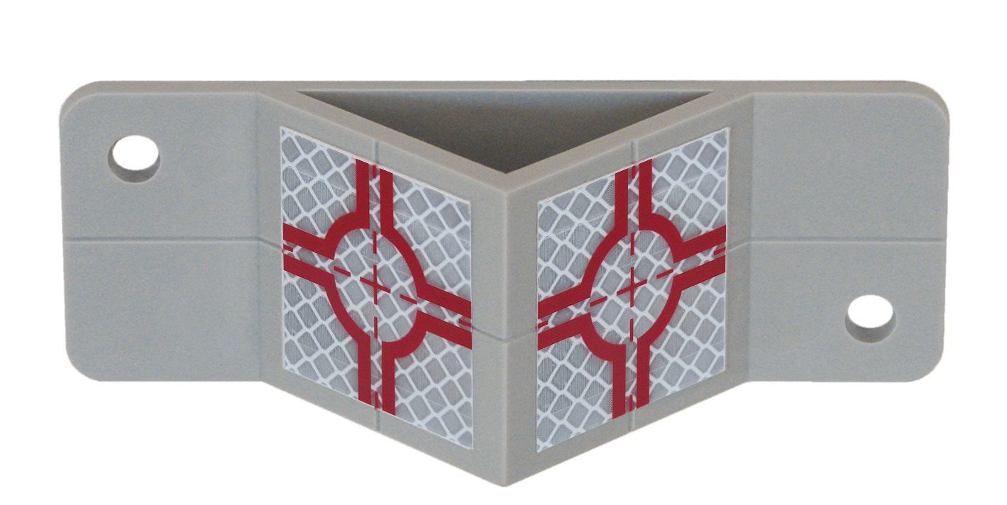 A red triangle with reflective stripes on it on a white background.