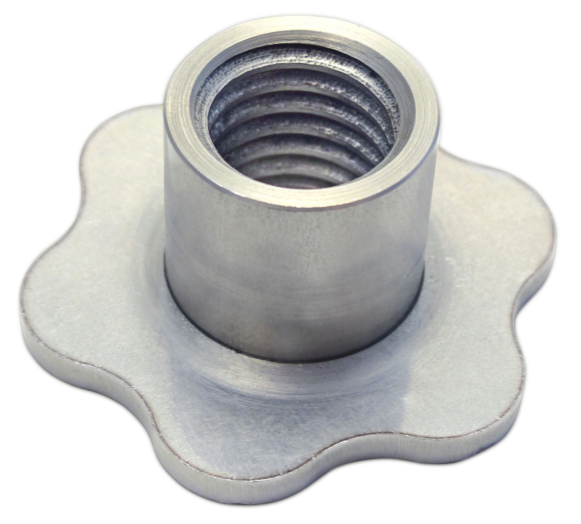 A stainless steel nut with a star shaped base