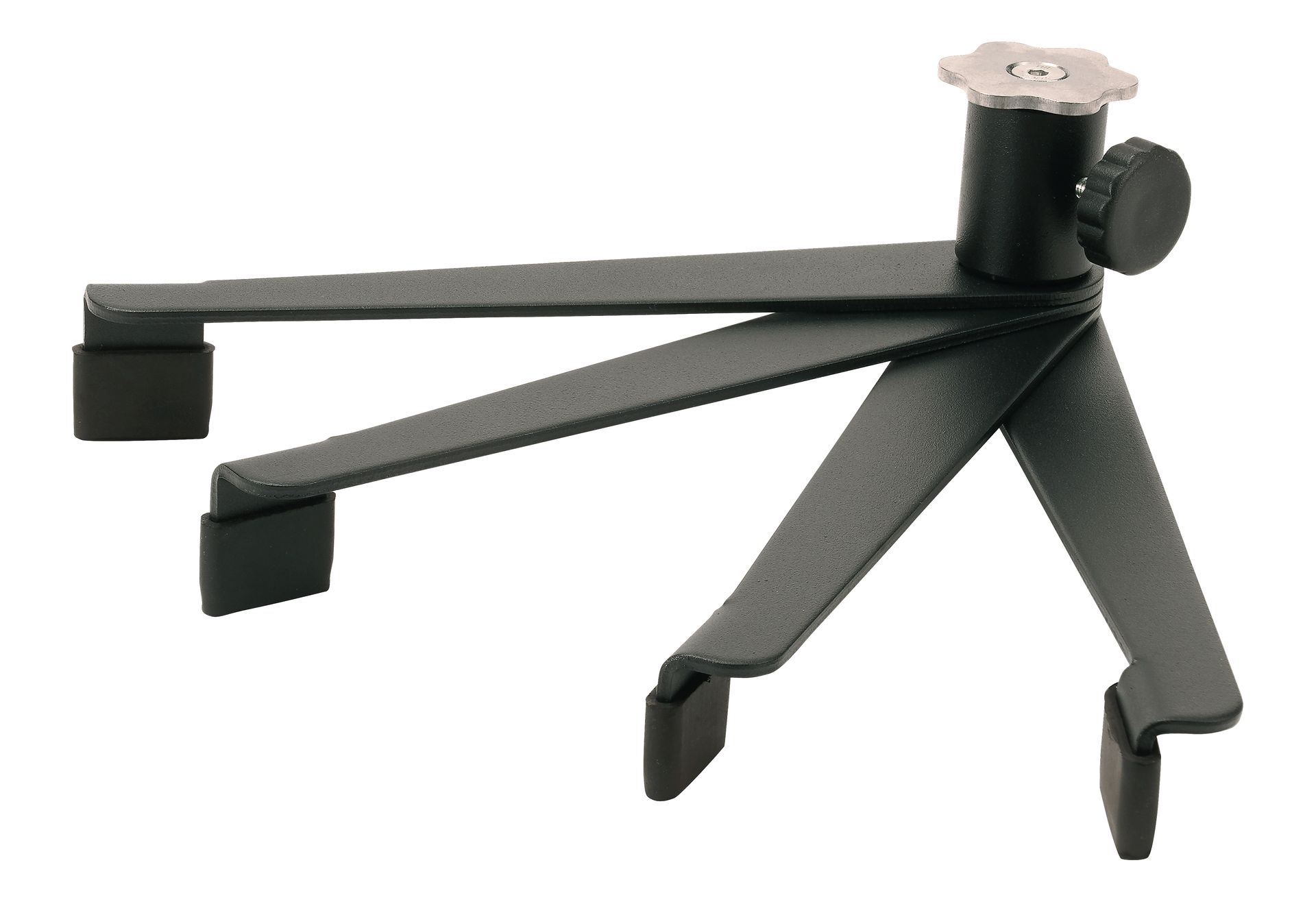 A black umbrella stand with a screw in the middle on a white background