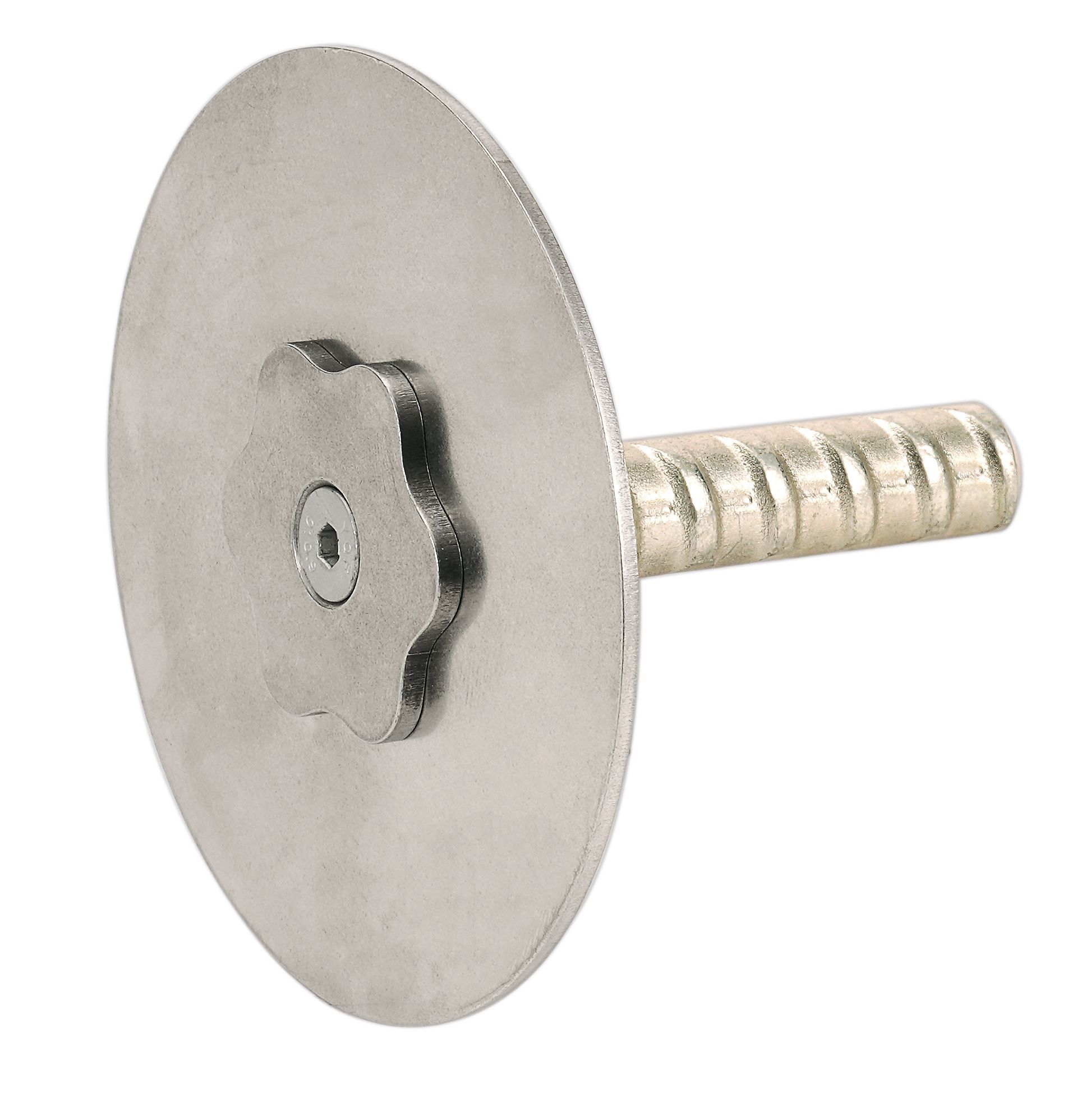 A close up of a screw with a brass handle on a white background