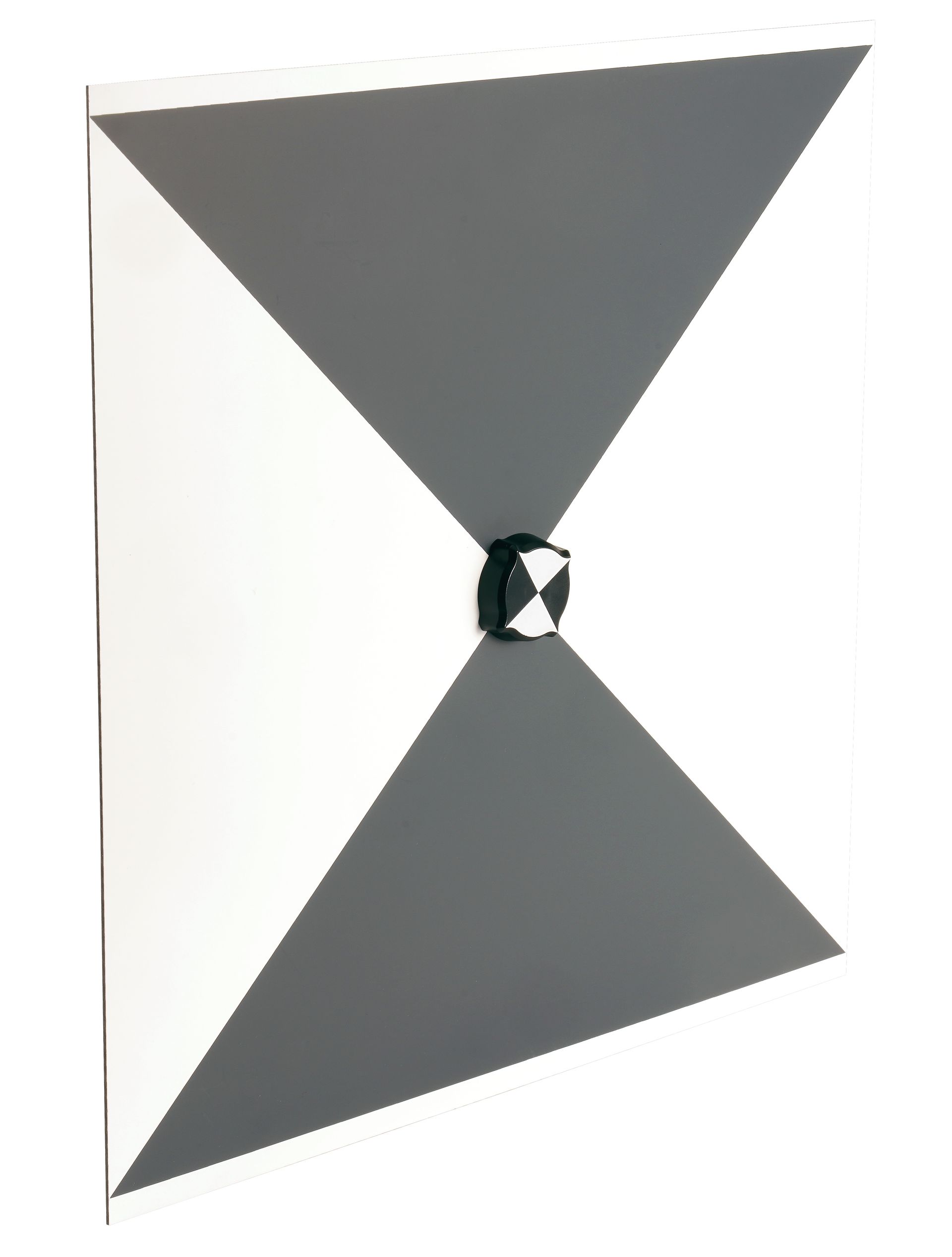 A black and white triangle with a black object on it