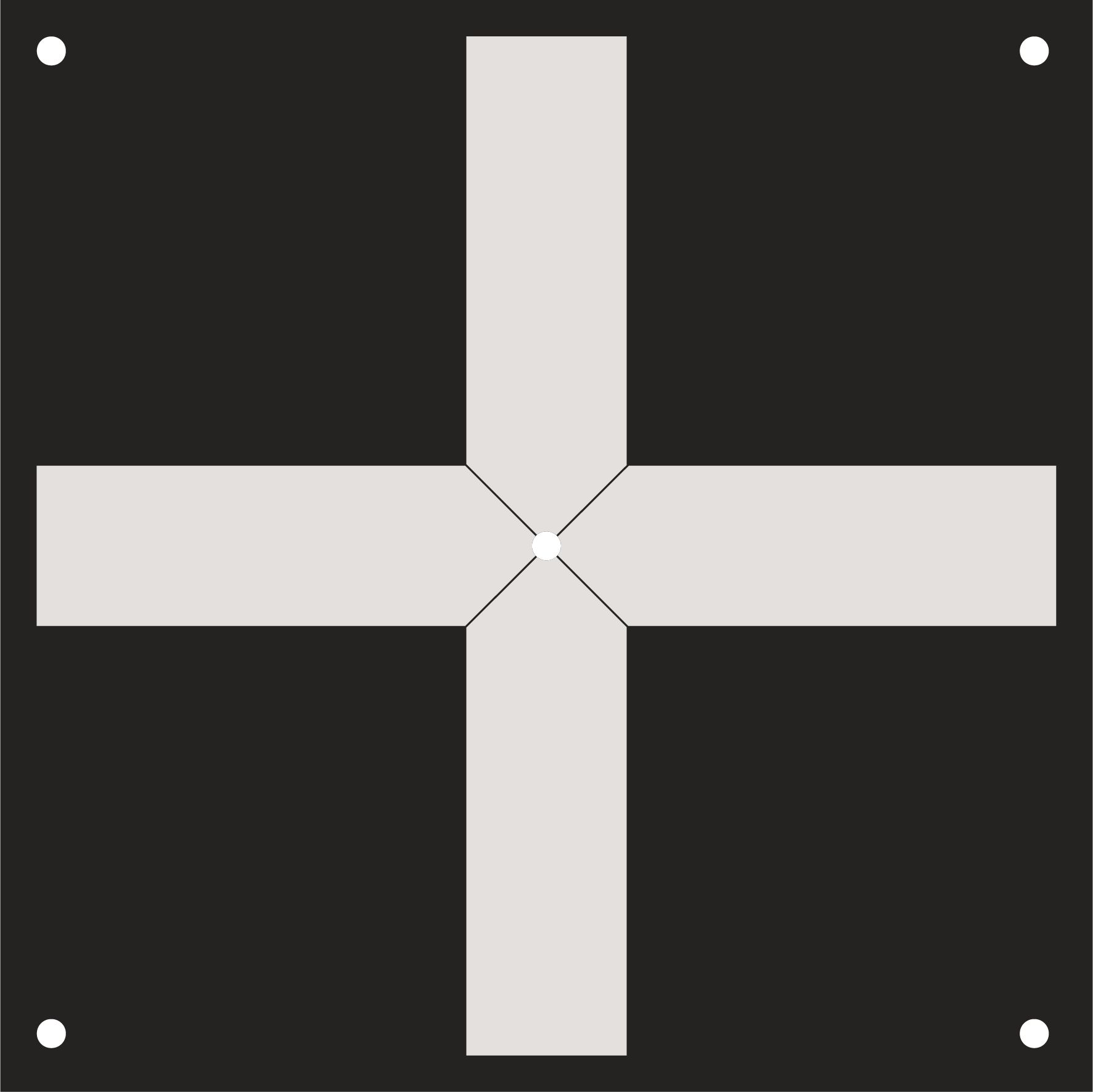 A black and white cross with a hole in the middle on a white background.