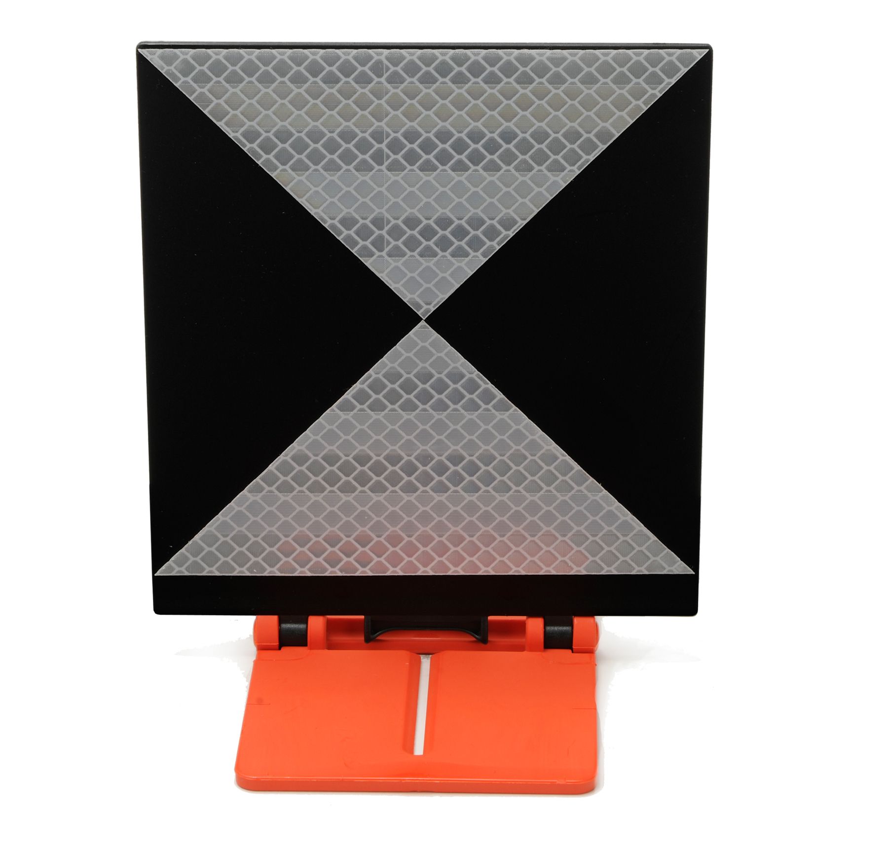 A black and white square on an orange stand