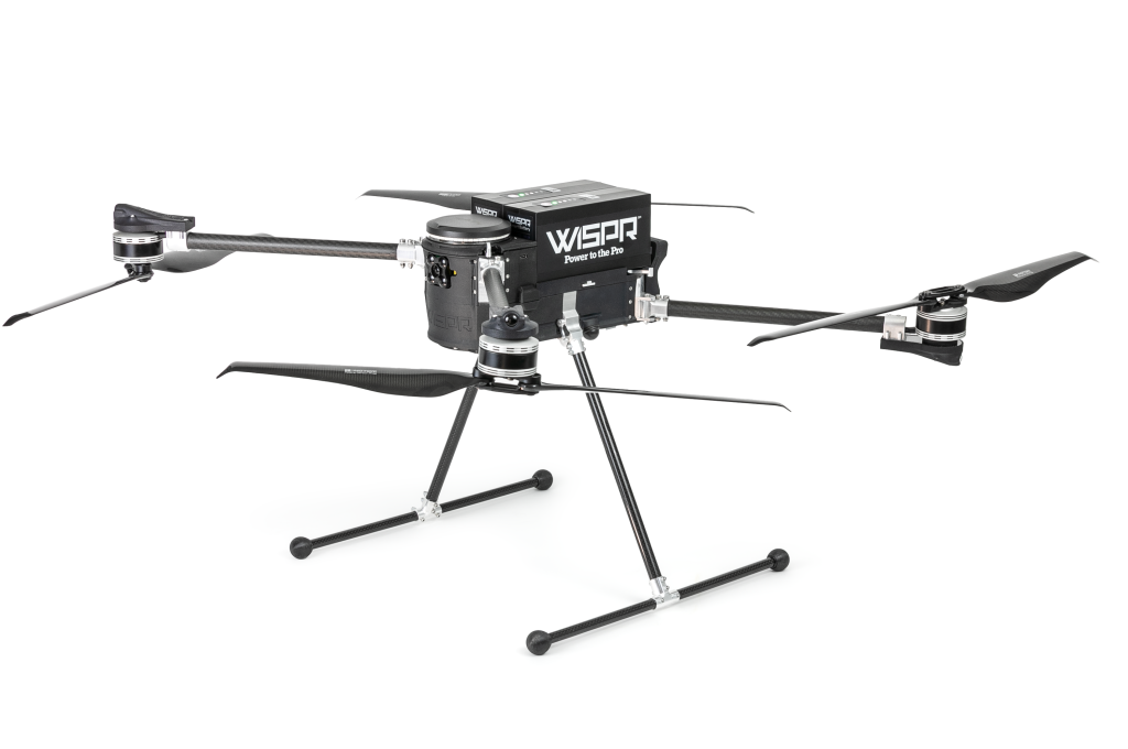 A drone with a camera and a remote control on a white background.