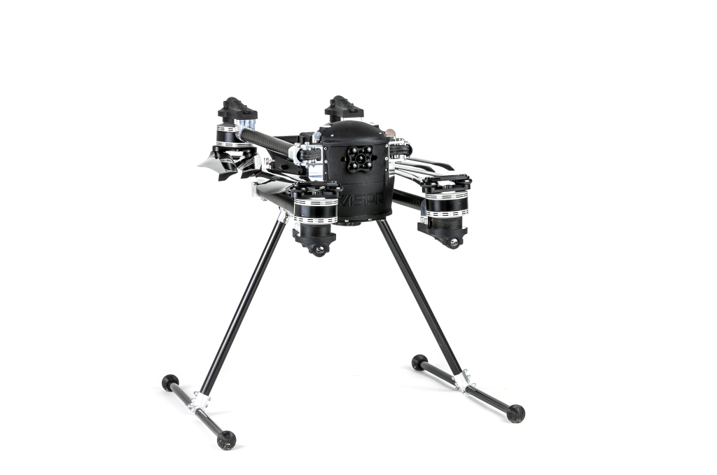 A drone is sitting on a stand on a white background.