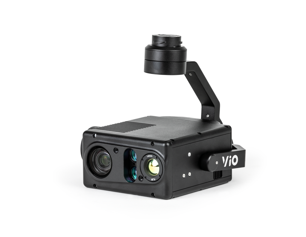 A drone with a camera attached to it on a white background.