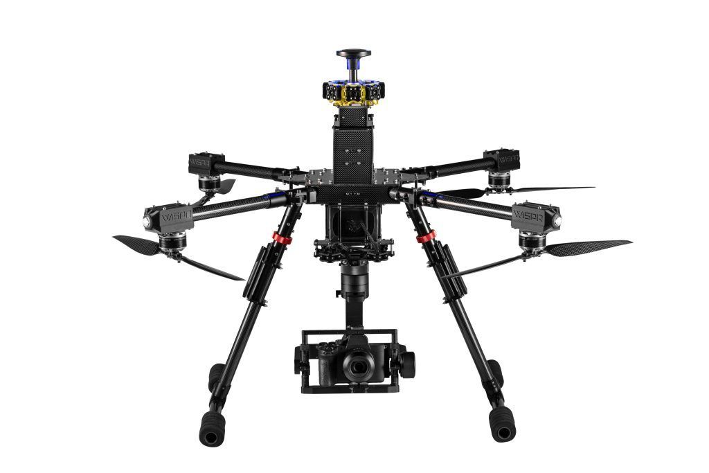 A drone with a camera attached to it on a white background.