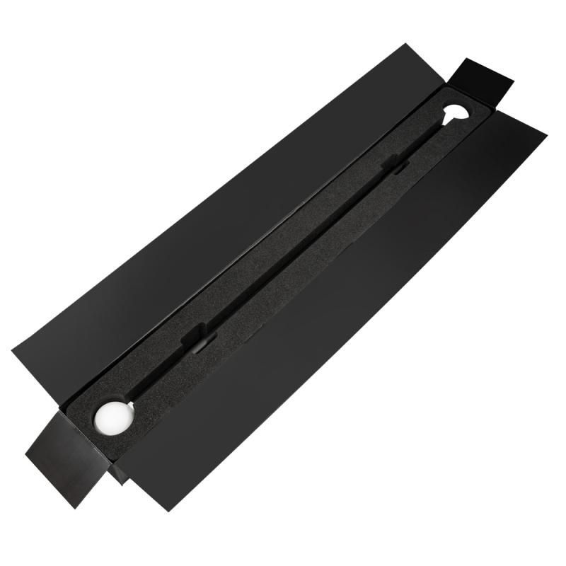 A long black stick with two white balls on the ends.