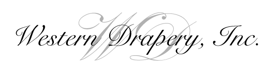 A black and white logo for western drapery inc.