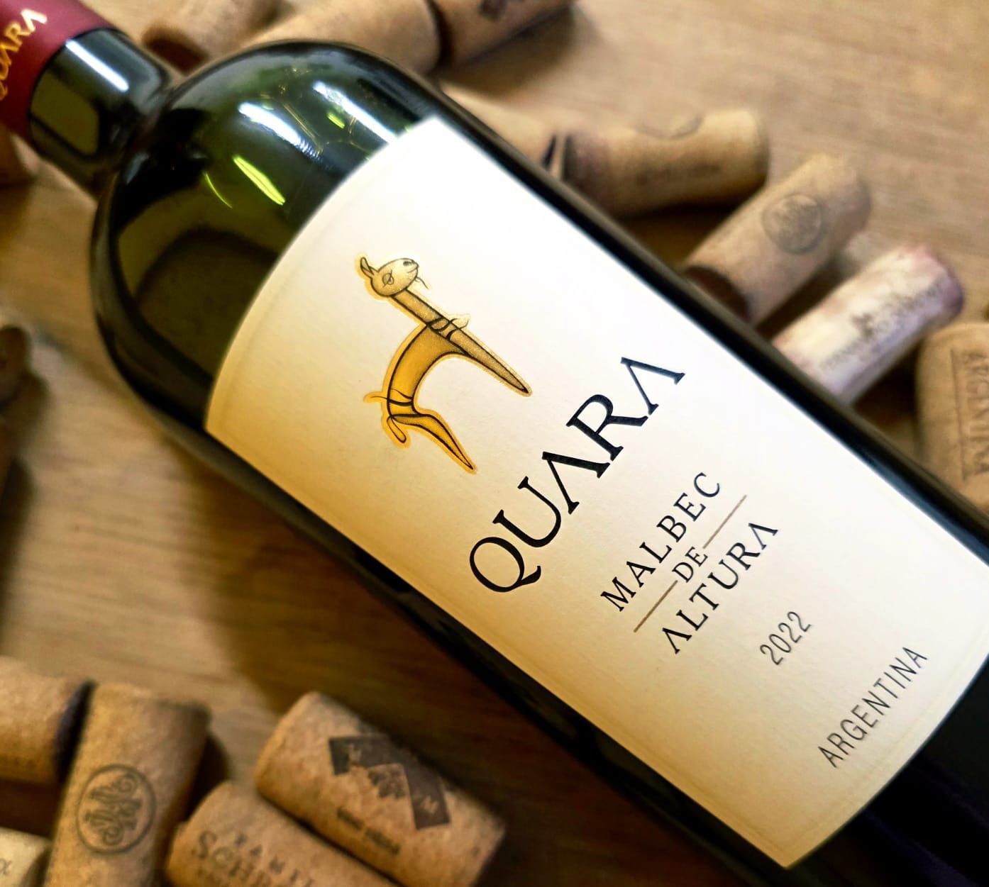Una botella de vino Quara Malbec de Altura 2022 con el logo de una llama, rodeada de corchos de vino