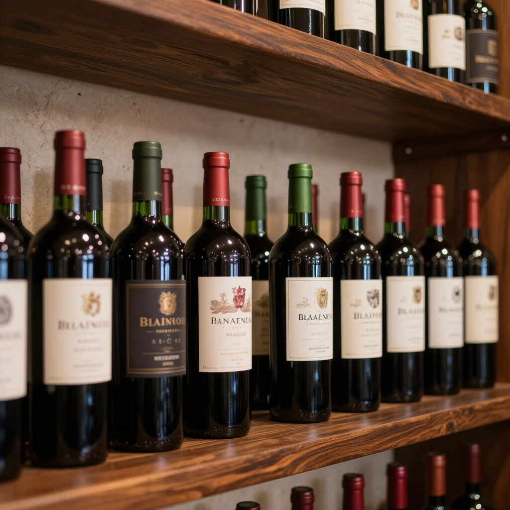 Botellas de vino en un estante de madera, varias etiquetas, tapas de botellas rojas y verdes, en una tienda de vinos.