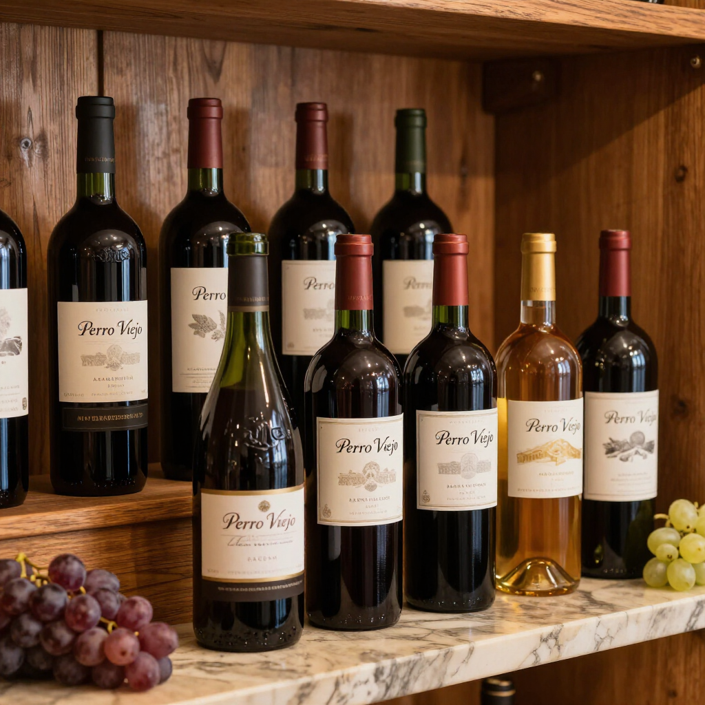 Botellas de vino en un estante de mármol dentro de un armario de madera, con uvas en primer plano.