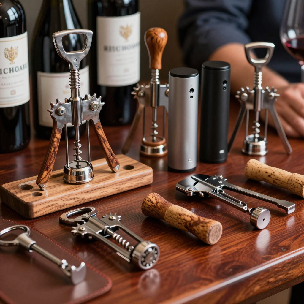 Surtido de sacacorchos y corchos de vino sobre una mesa de madera, con botellas de vino al fondo.