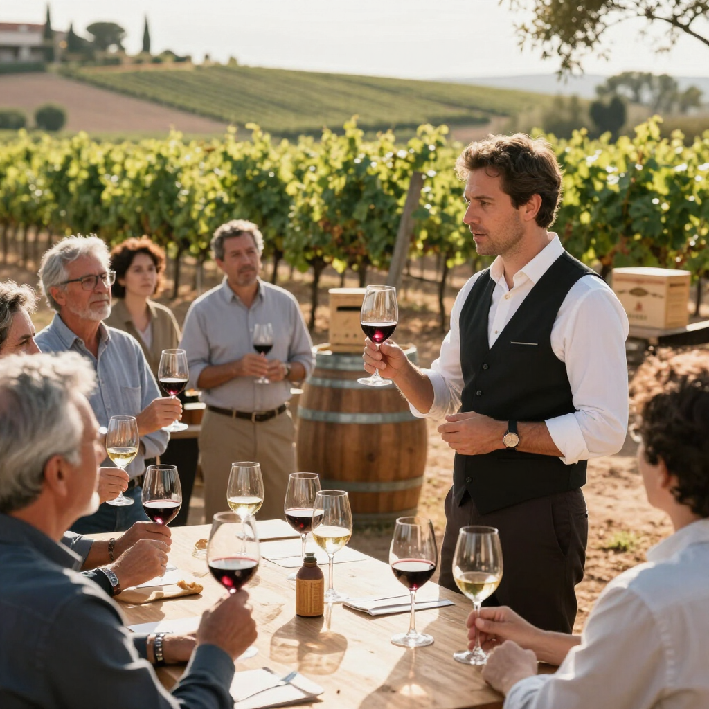 Un hombre dirige una cata de vinos al aire libre en un viñedo, gesticulando con una copa de vino tinto.