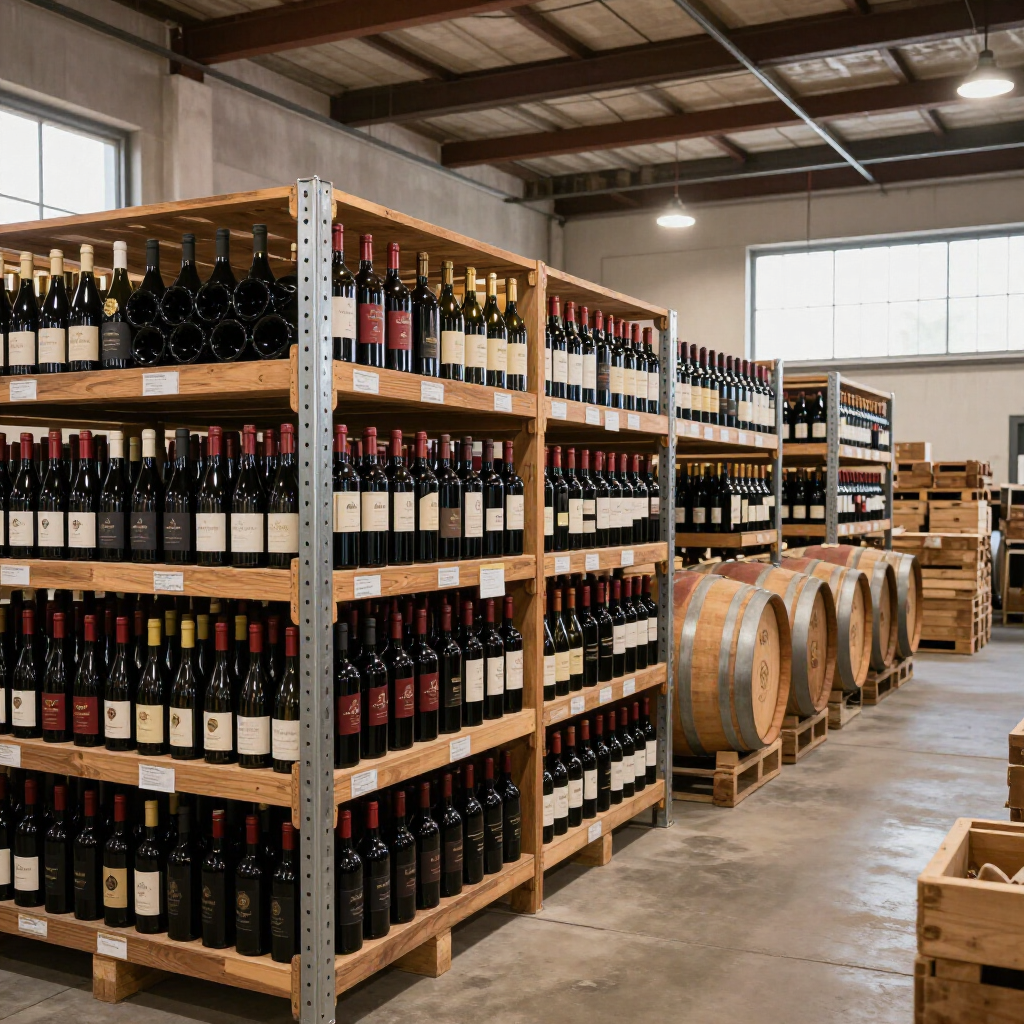 Botellas de vino en estantes de madera en un almacén, con barriles y cajas.