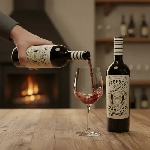 Una persona vertiendo vino tinto de una botella etiquetada 