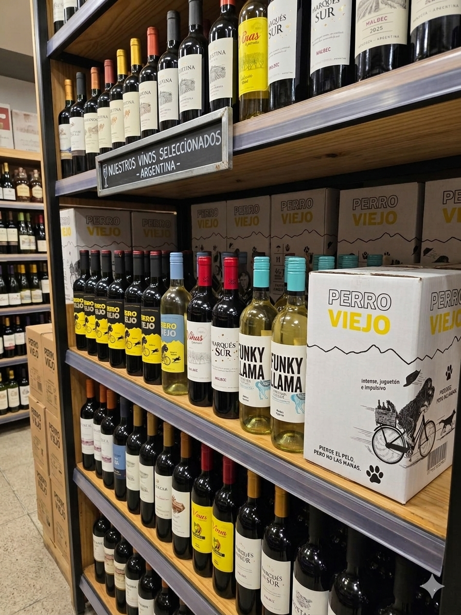 Botellas de vino expuestas en los estantes de una tienda. 