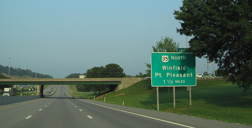 Highway sign for Winfield and Pt. Pleasant, in Teays Valley WV near Hurricane