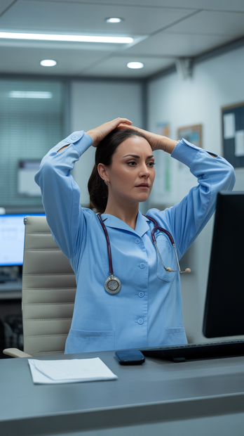 Doctor in blue scrubs, seated at desk, hands on head, looking at computer screen.