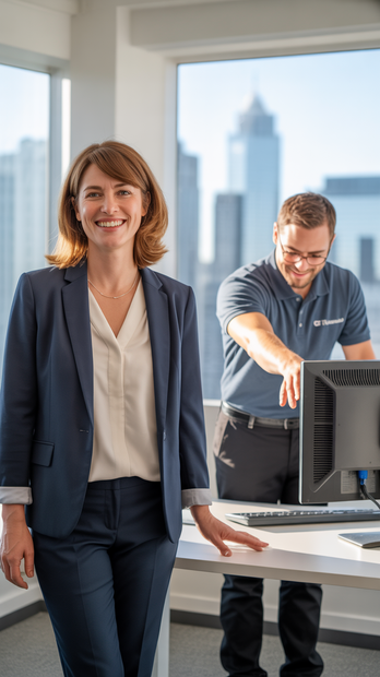 Woman in a navy suit smiles, standing by a desk with a man in blue shirt working at a computer, city backdrop.