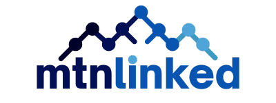 Logo: Mountain-shaped blue dots and lines above the word 