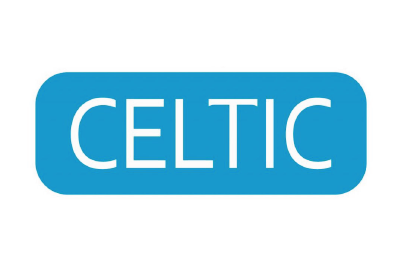 Celtic wordmark in white letters on a rounded blue rectangle.