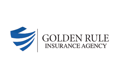 Golden Rule Insurance Agency logo: blue shield with angled lines and text.