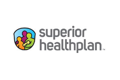 Logo for Superior HealthPlan: A family inside a blue shield, next to the company name in gray text.