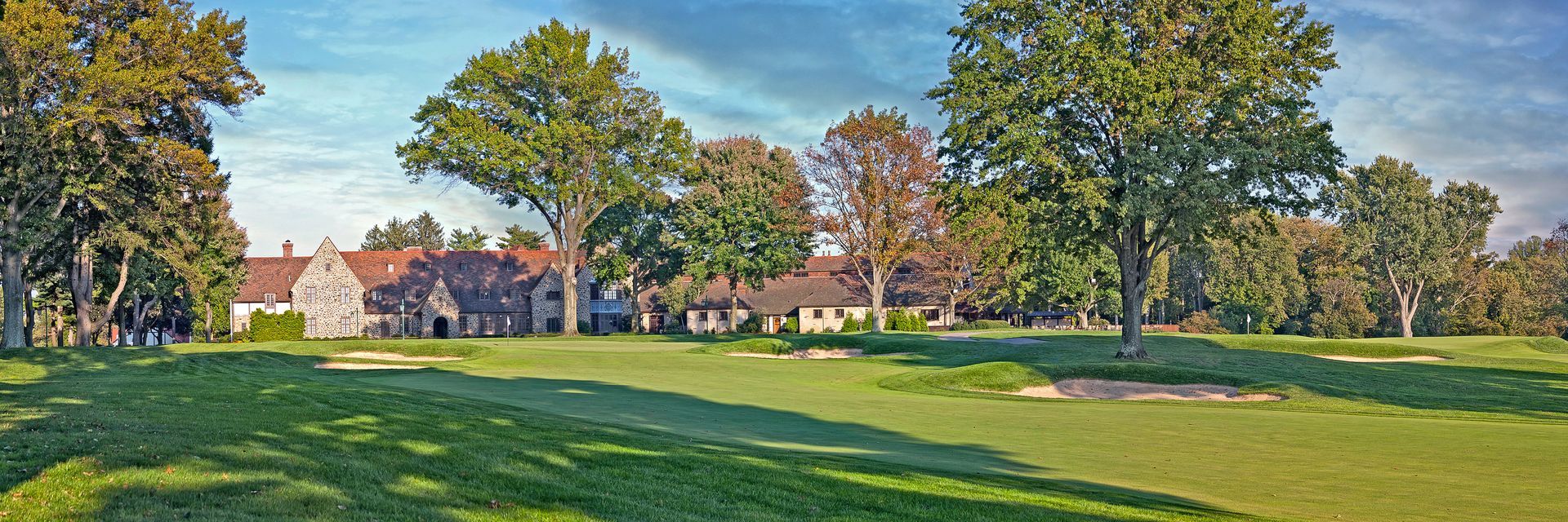 A lush green field with trees and a house in the background.